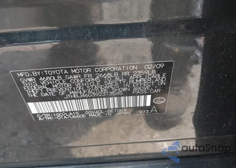 2009 Lexus Es 350 from USA, damaged, VIN JTHBJ46G392313545